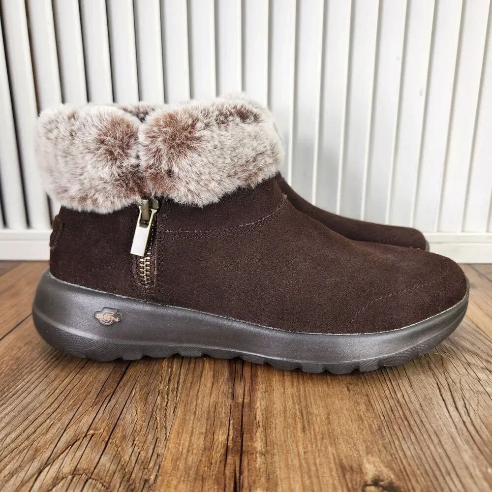 Skechers On-The-Go Joy Bundle Up Womens Size 6 Brown Suede Faux Fur Ankle Boots